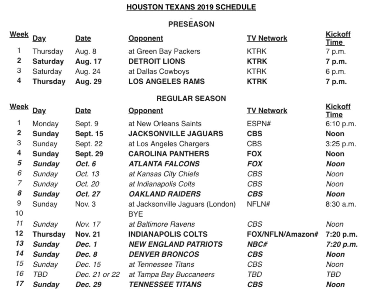 Houston Texans release 2019 regular season schedule